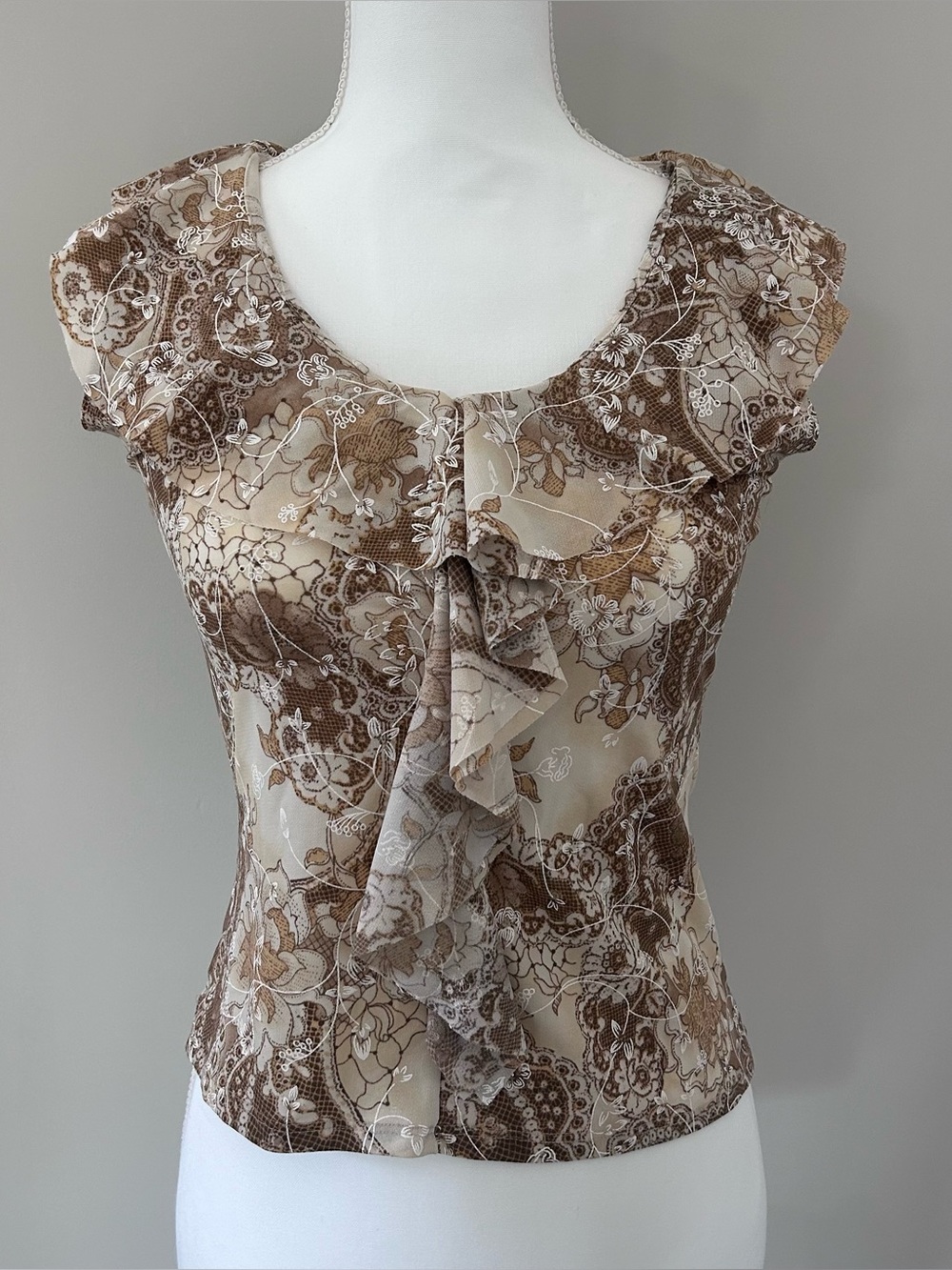 Topia Brown and Cream Paisley Ruffle Blouse